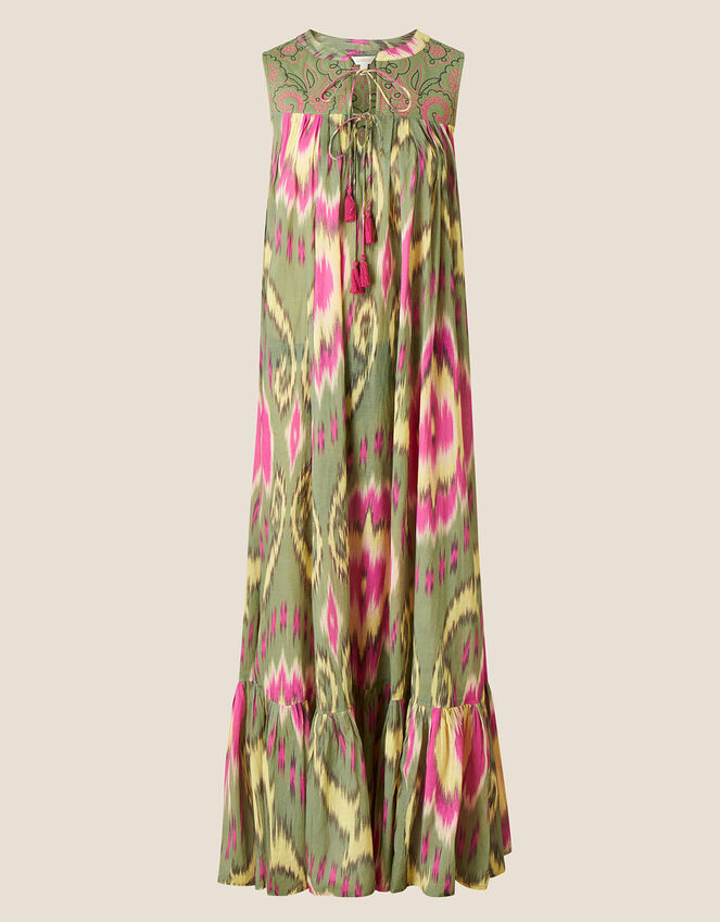 Premium Diamond Ikat Print Smock Dress, Green (GREEN), large