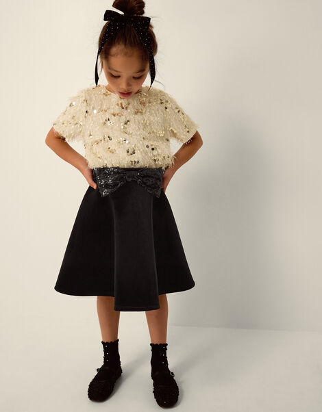 Sequin Bow Velvet Skirt, Black (BLACK), large