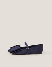 Bow Satin Ballet Flats, Blue (NAVY), large