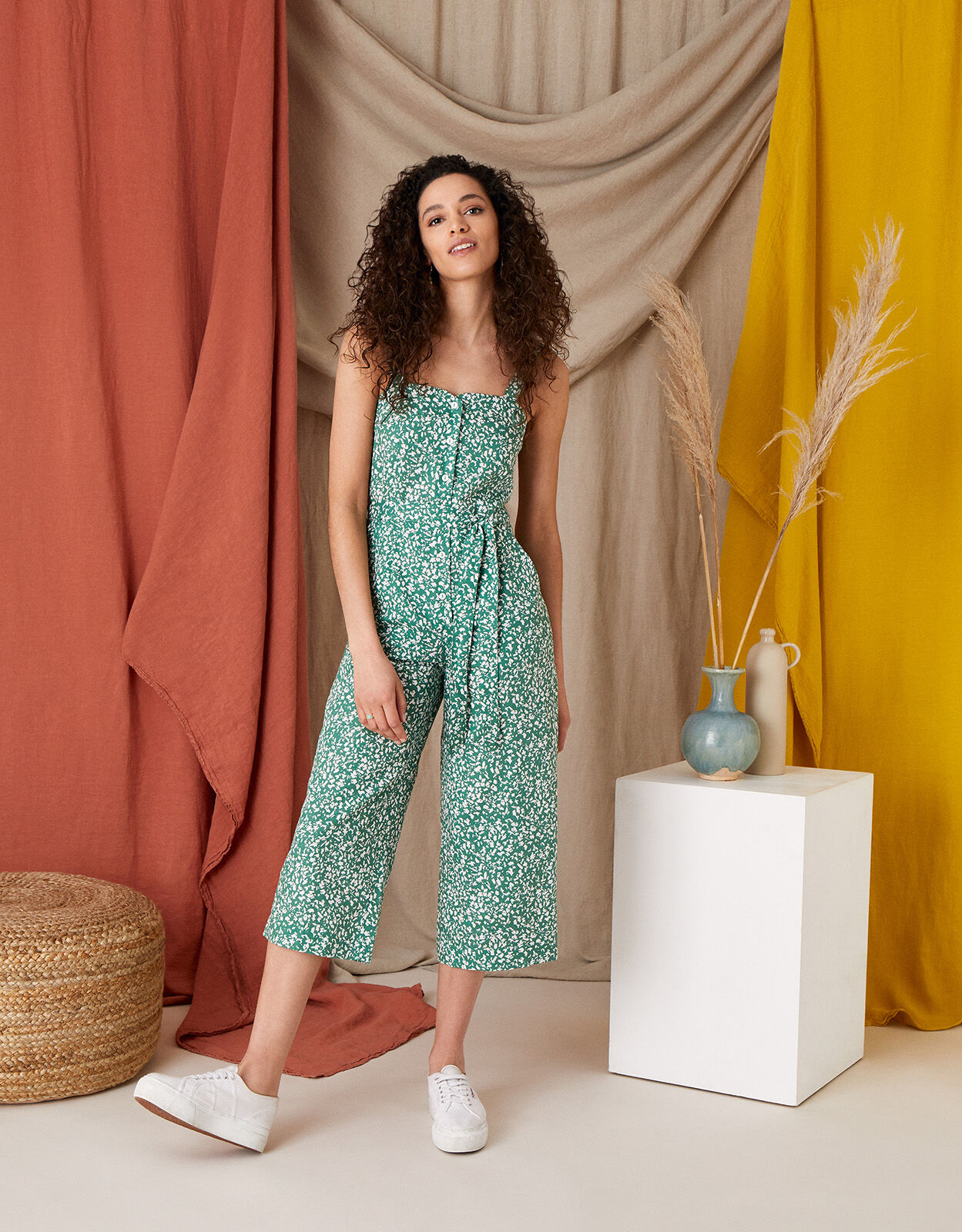 Printed Jumpsuit in Linen Blend Green