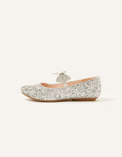 Glitter Dazzle Bow Ballerina Flats, Silver (SILVER), large
