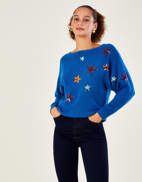 Bright Sequin Star Jumper with Recycled Polyester Blue, Blue (COBALT), large