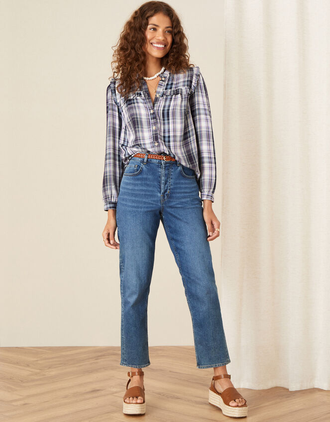 Frill Neck Check Shirt, Blue (NAVY), large