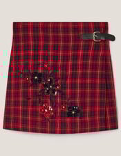 Floral Embroidered Tartan Kilt Skirt, Red (RED), large