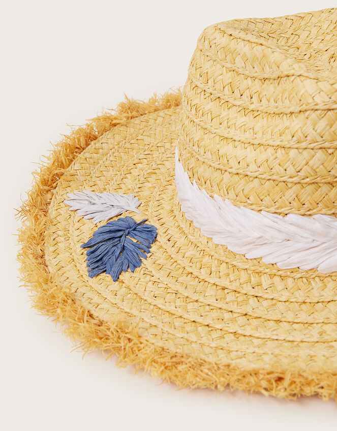 Embroidered Fringe Trim Raffia Hat, , large