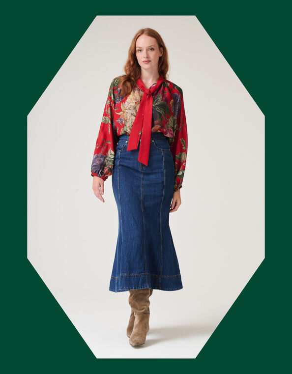 One Hundred Stars Primula Pussybow Blouse, Red (BERRY), large