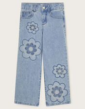 Embroidered Flower Denim Jeans, Blue (BLUE), large