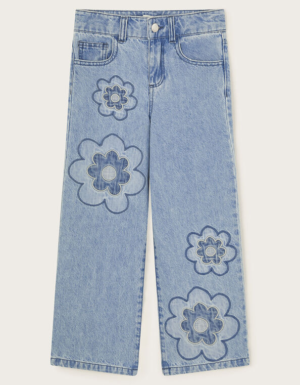 Embroidered Flower Denim Jeans, Blue (BLUE), large