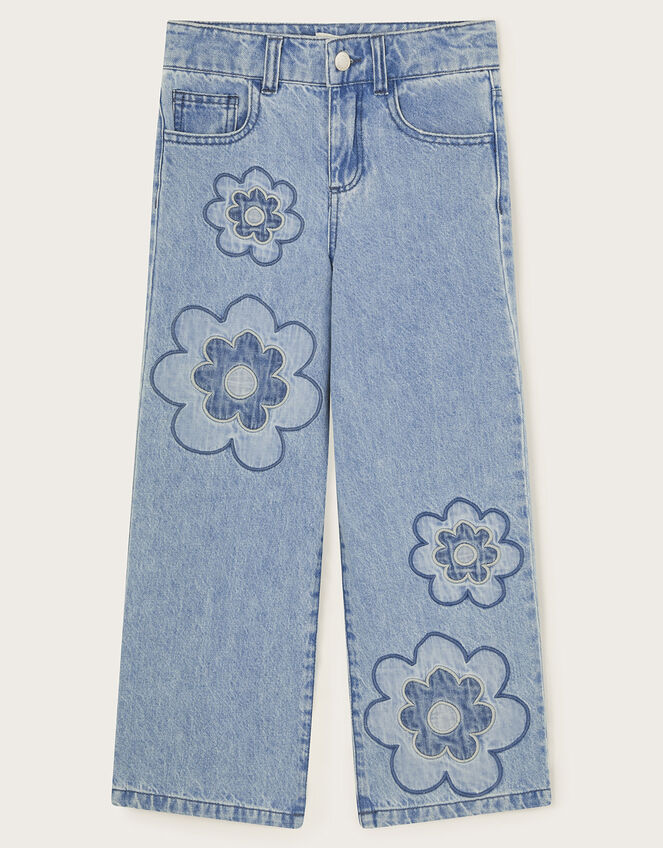 Embroidered Flower Denim Jeans, Blue (BLUE), large
