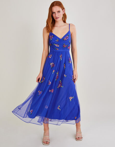Emma Embellished Midi Dress in Recycled Polyester Blue, Blue (BLUE), large