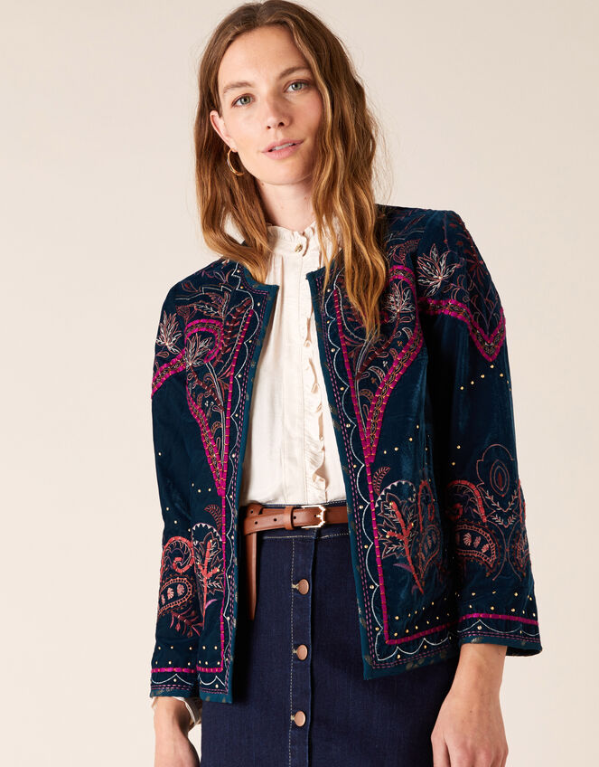 Embroidered Velvet Jacket, Teal (TEAL), large