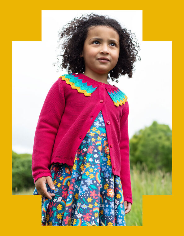 Frugi Scallop Collar Knit Cardigan, Pink (PINK), large