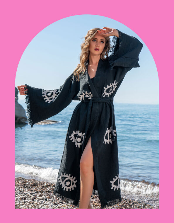Meraki Beach Woodblock Print Kimono, , large