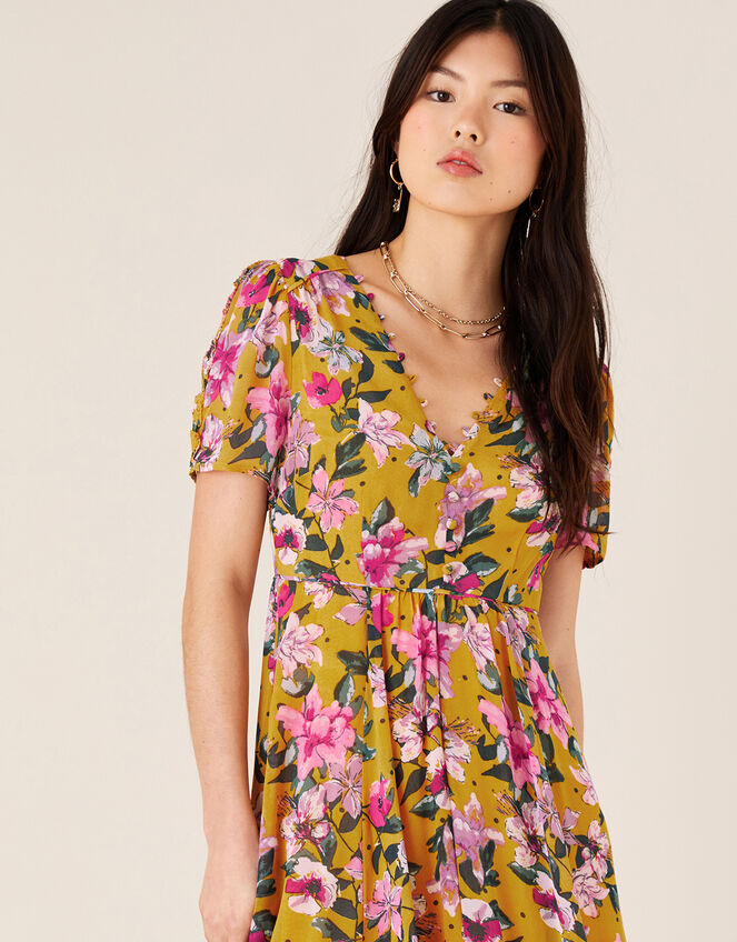 Rachel Floral Hanky Hem Dress, Yellow (OCHRE), large