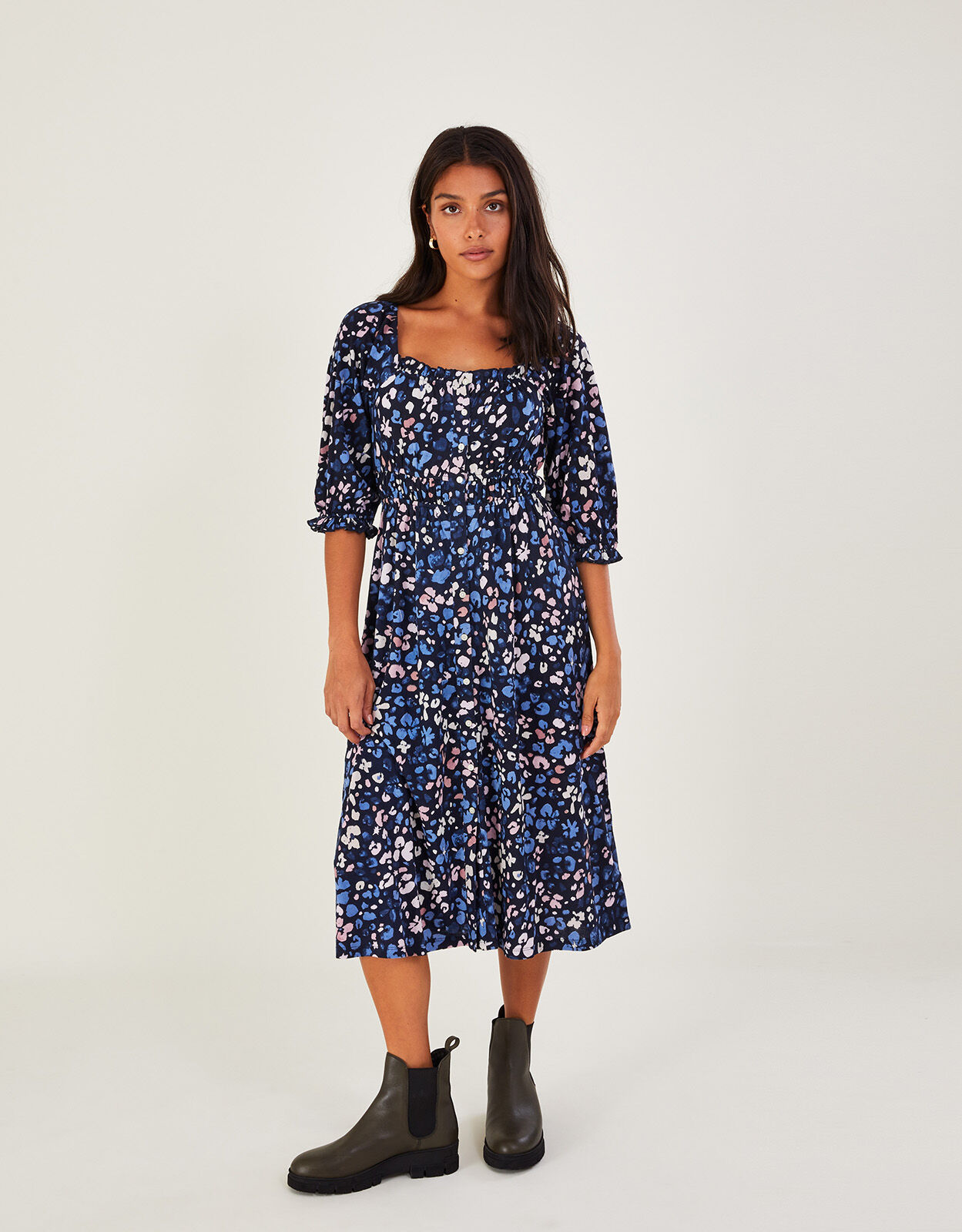 Ditsy Shirred Midi Dress with Sustainable Cotton Blue
