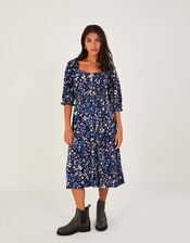 Ditsy Shirred Midi Dress with Sustainable Cotton, Blue (BLUE), large