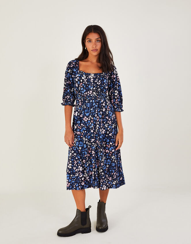 Ditsy Shirred Midi Dress with Sustainable Cotton, Blue (BLUE), large