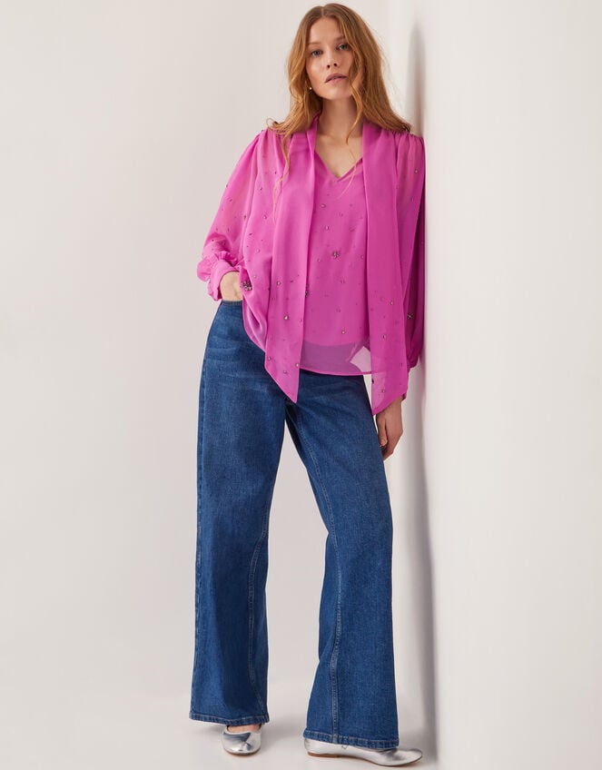 Candice Embellished Pussybow Blouse, Pink (PINK), large