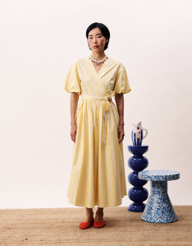 FRNCH Ihabela Stripe Midi Wrap Dress, Yellow (YELLOW), large