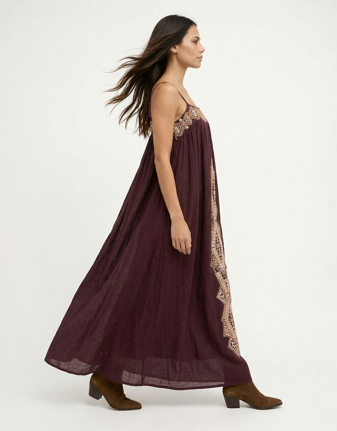 Raffya Sapphire Strappy Embroidered Maxi Dress, Brown (BROWN), large