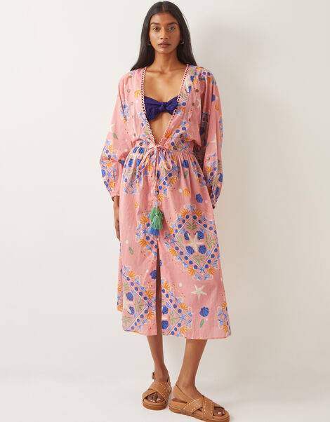 Mabel Shell Print Cotton Kaftan Dress, Orange (PEACH), large