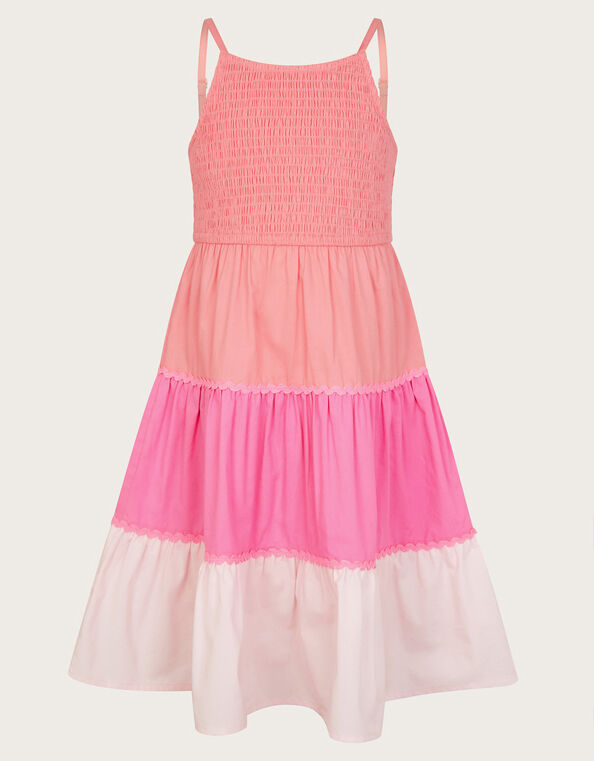 Smocked Strappy Color Block Dress, Orange (CORAL), large