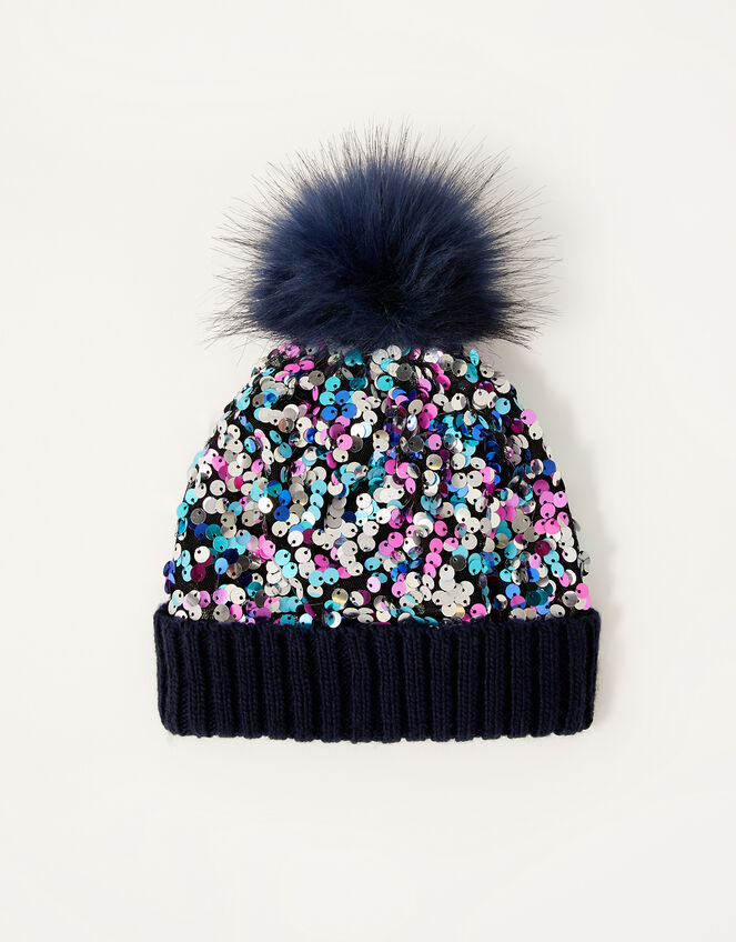 Dora Sequin Pom-Pom Beanie, Blue (NAVY), large