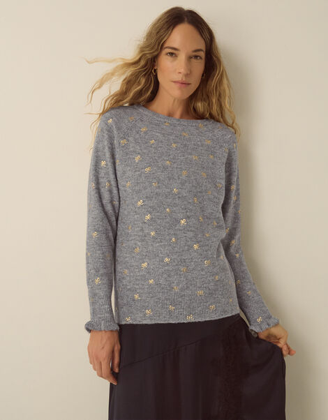 Fee Foil Bow Print Crew Neck Jumper, Grey (GREY), large