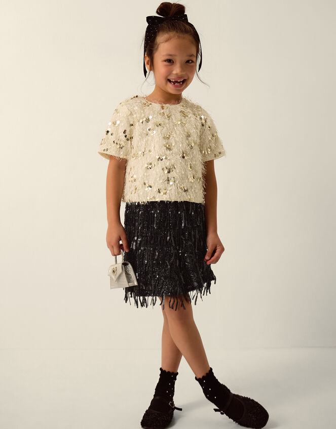 Frankie Short Sleeve Sequin Fringe Top, White (WARM IVORY), large
