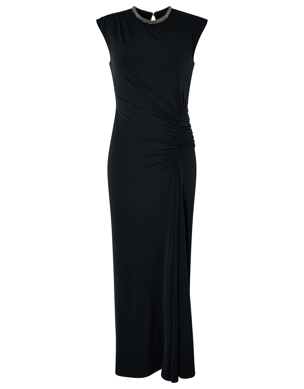 Melissa Beaded Neckline Ruched Maxi Dress Black