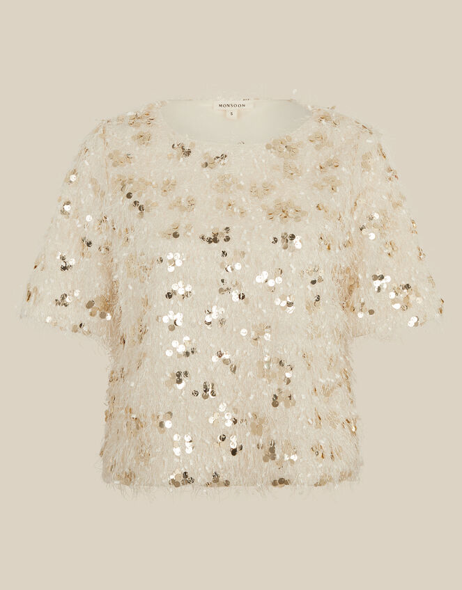 Saskia Short Sleeve Sequin Fringe Top , Ivory (IVORY), large