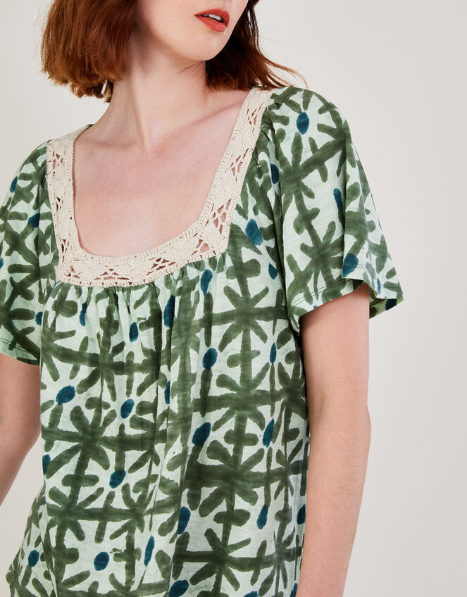 Ikat Crochet Trim Jersey Top in Organic Cotton, Green (GREEN), large