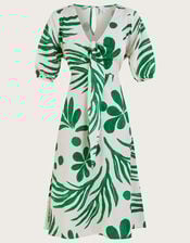 Abstract Palm Print Tie Front Midi Dress, Green (GREEN), large
