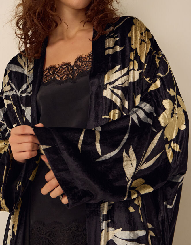 Clemence Paloma Long Floral Print Velvet Kimono, , large