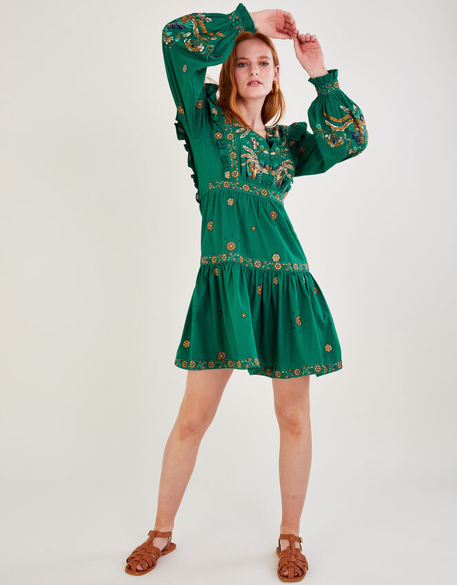 Gianna Embroidered Poplin Short Dress, Green (GREEN), large