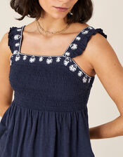 Simmi Floral Embroidered Shirred Top, Blue (NAVY), large