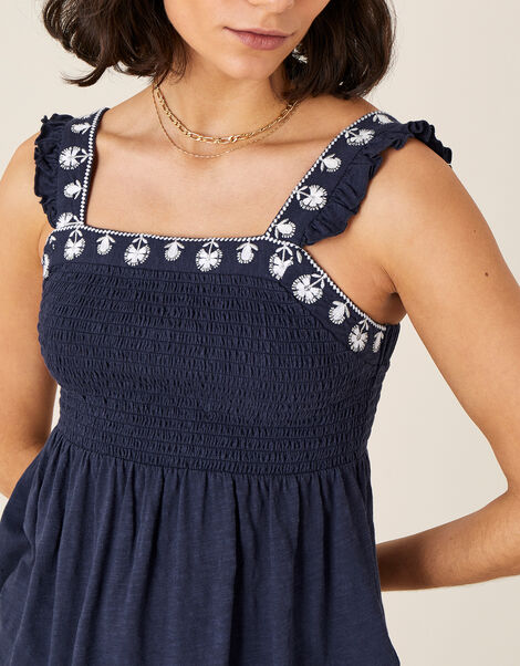 Simmi Floral Embroidered Shirred Top Blue, Blue (NAVY), large