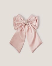 Long Pearl Satin Bow Hair Clip, Pink (PALE PINK), large