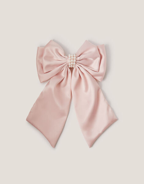 Long Pearl Satin Bow Hair Clip, Pink (PALE PINK), large