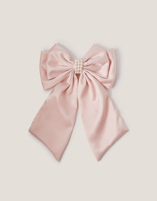 Long Pearl Satin Bow Hair Clip, Pink (PALE PINK), large