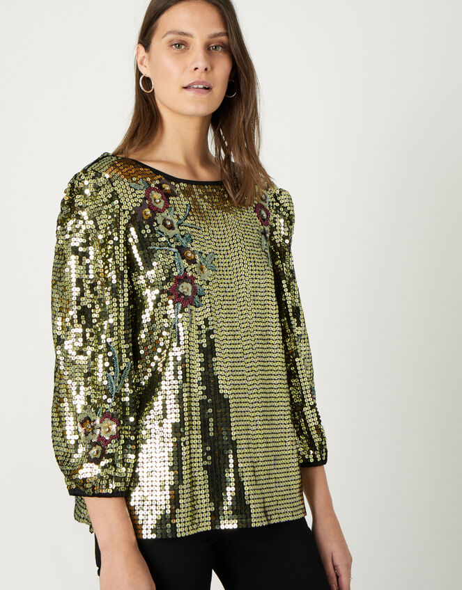 Celia Sequin Crop-Sleeve Blouse, Gold (GOLD), large