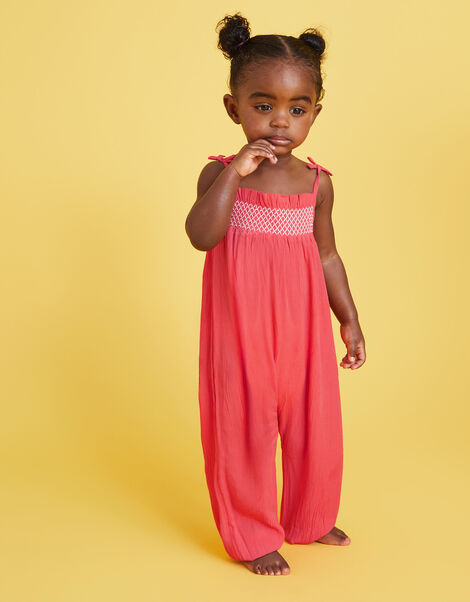 Baby Shirred Jumpsuit, Orange (CORAL), large