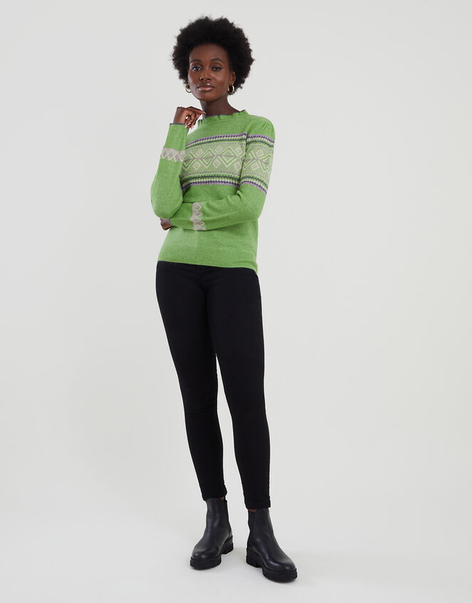 Frill Neck Fair Isle Jumper with Recycled Polyester Green Jumpers Monsoon Global.