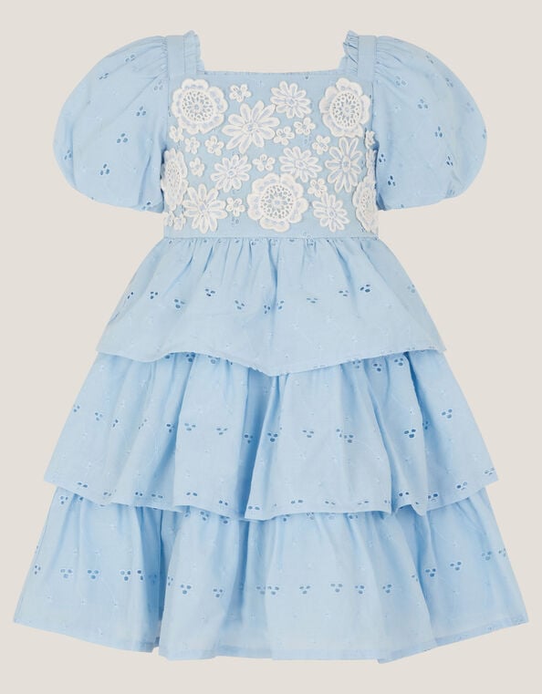 Baby Floral Broderie Puff Sleeve Tiered Dress, Blue (BLUE), large