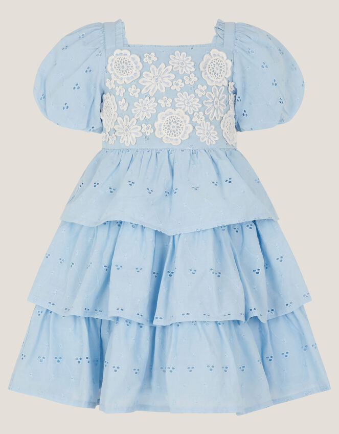 Baby Floral Broderie Puff Sleeve Tiered Dress, Blue (BLUE), large