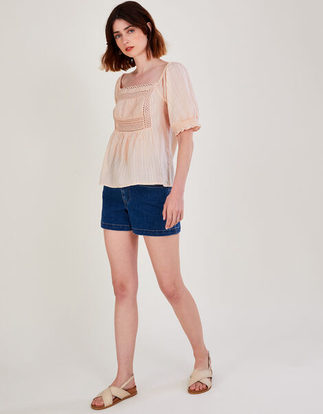 Lace Dobby Bardot Top in Sustainable Cotton, Orange (PEACH), large