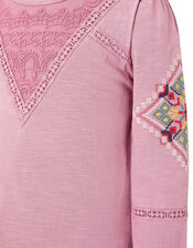 Crochet Insert Long Sleeve Top in Organic Cotton, Pink (DUSKY PINK), large