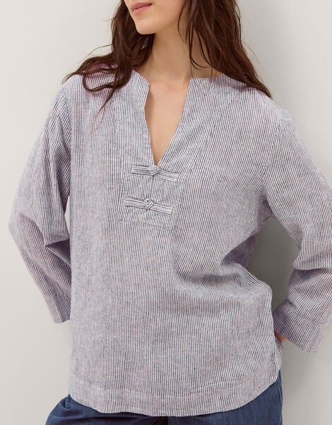 Alexis Stripe Linen-Blend Top, Blue (NAVY), large