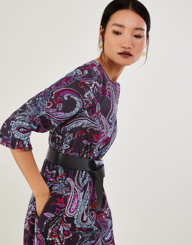Cord Paisley Print Dress, Blue (NAVY), large