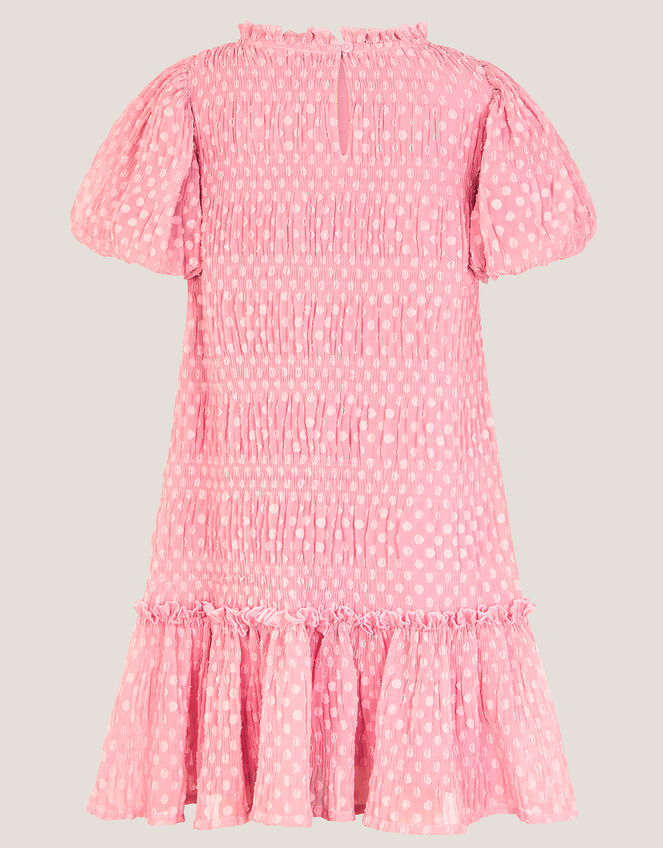 Polka Dot Textured Puff Sleeve Dress, Pink (PINK), large